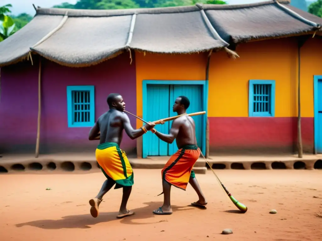 Un grupo de músicos toca el berimbau en un colorido pueblo africano, capturando la historia del berimbau africano