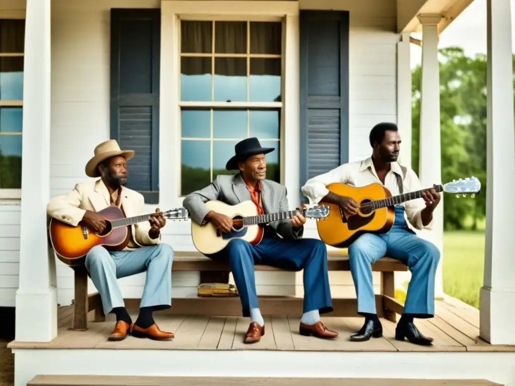 Grupo de músicos del Mississippi Delta Blues en el porche, rodeados de paisaje rural