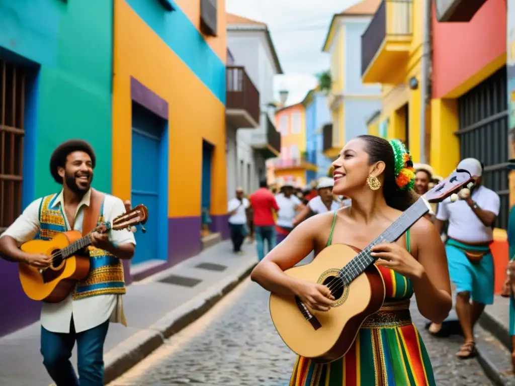 Musica brasileña en la calle: energía y diversidad Grupo de músicos brasileños tocando instrumentos tradicionales en una bulliciosa calle de la ciudad, con grafitis vibrantes en el fondo y una multitud diversa escuchando con atención