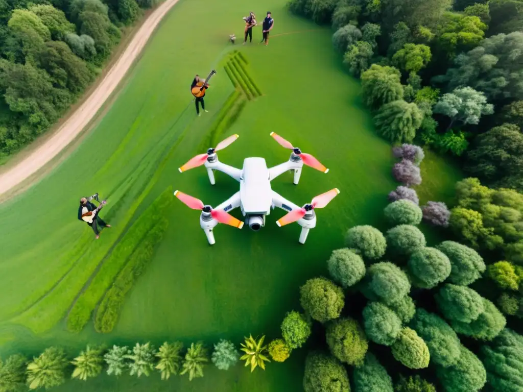 Un grupo de músicos tocando en un campo rodeado de exuberante vegetación, mientras un dron captura la escena