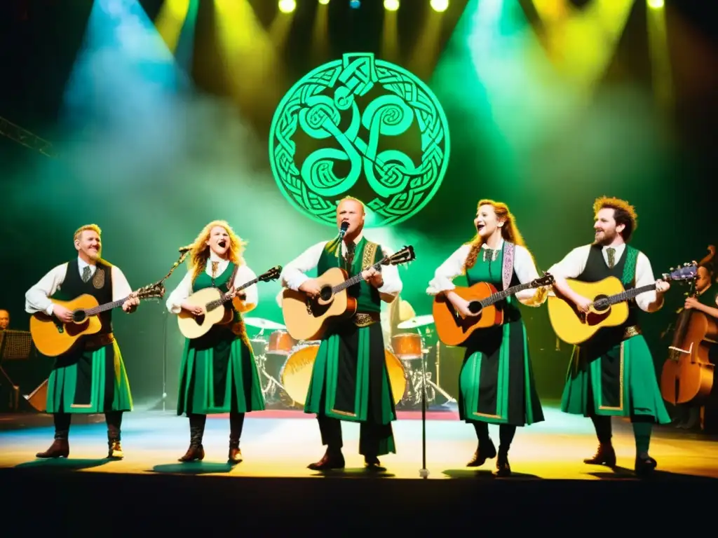 Grupo de músicos y cantantes en trajes celtas, actuando en el Festival de la Canción de Eisteddfod, entre símbolos celtas y una audiencia entusiasta