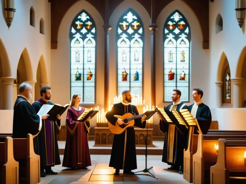 Grupo de músicos interpretando canto gregoriano en una iglesia tradicional, con acompañamiento instrumental y luz cálida de vitrales