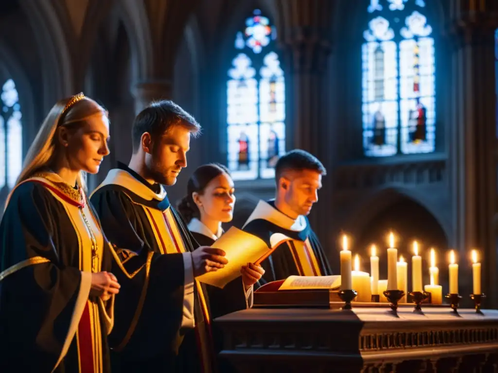 Grupo de músicos interpretando canto gregoriano con acompañamiento instrumental en una catedral medieval iluminada por velas