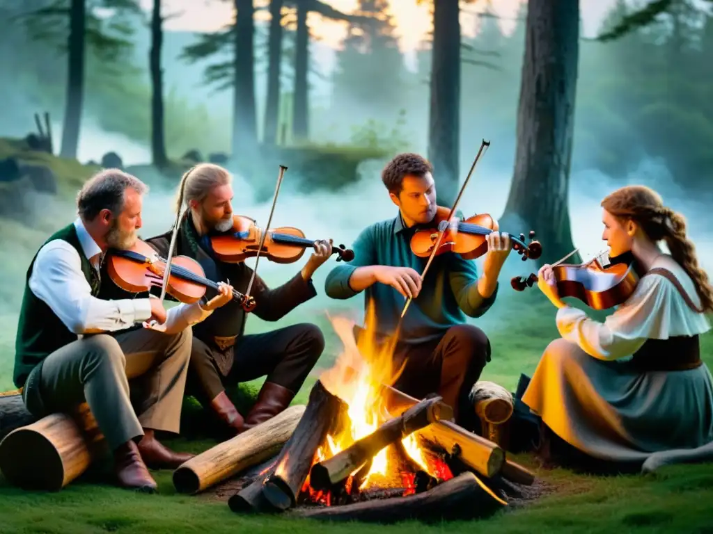 Grupo de músicos celtas tocando el fiddle alrededor de una fogata, inmersos en la tradición y la pasión de su cultura ancestral