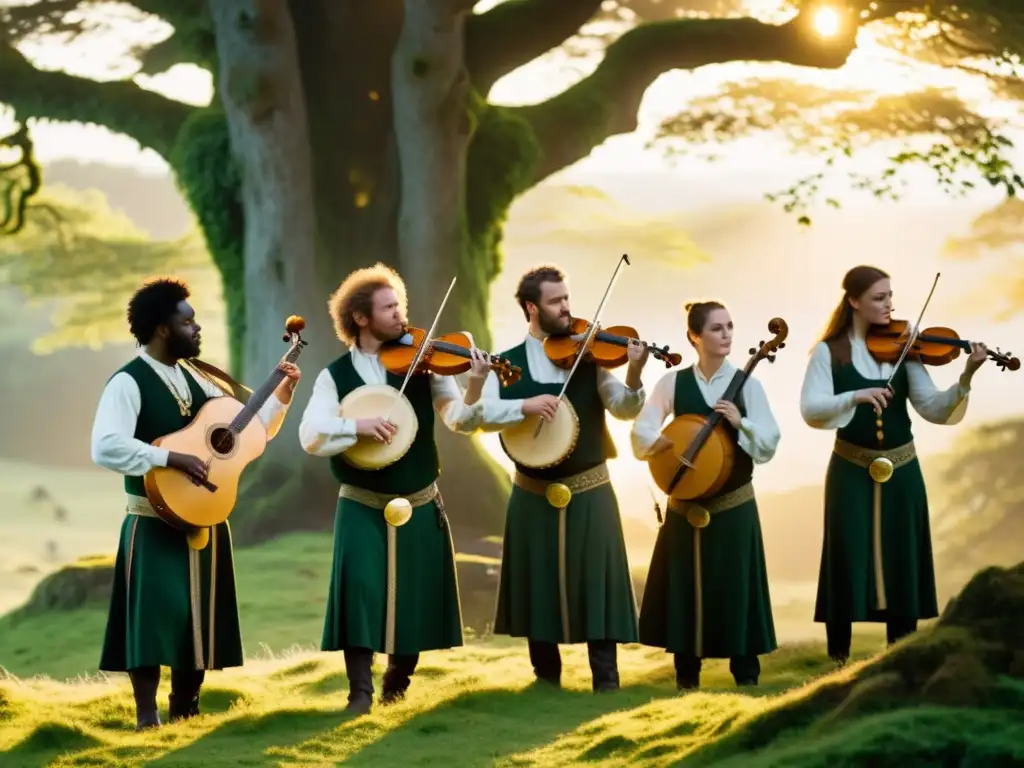 Grupo de músicos celtas en vestimenta tradicional tocando la gaita en ritos celtas en un bosque místico al atardecer