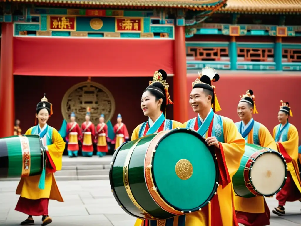 Grupo de músicos chinos antiguos tocando tambores ceremoniales en procesión majestuosa, con motivos mitológicos detallados