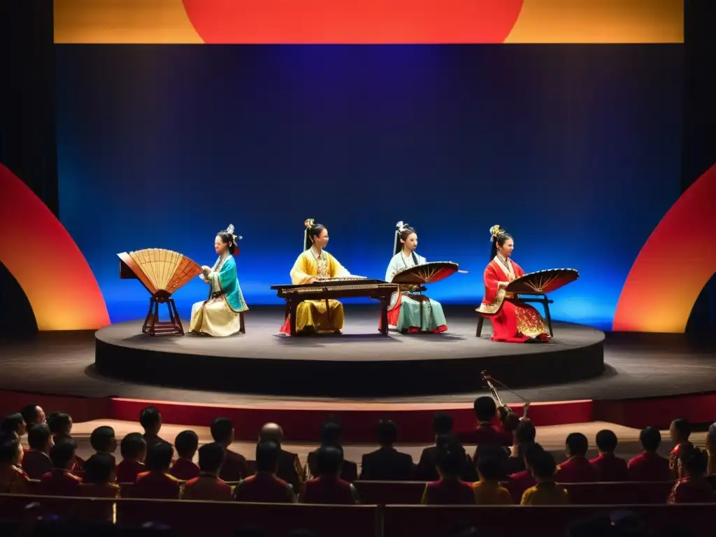 Grupo de músicos chinos actuando en un festival de música tradicional China, con trajes elaborados y vibrantes colores en el escenario oscuro, cautivando al público