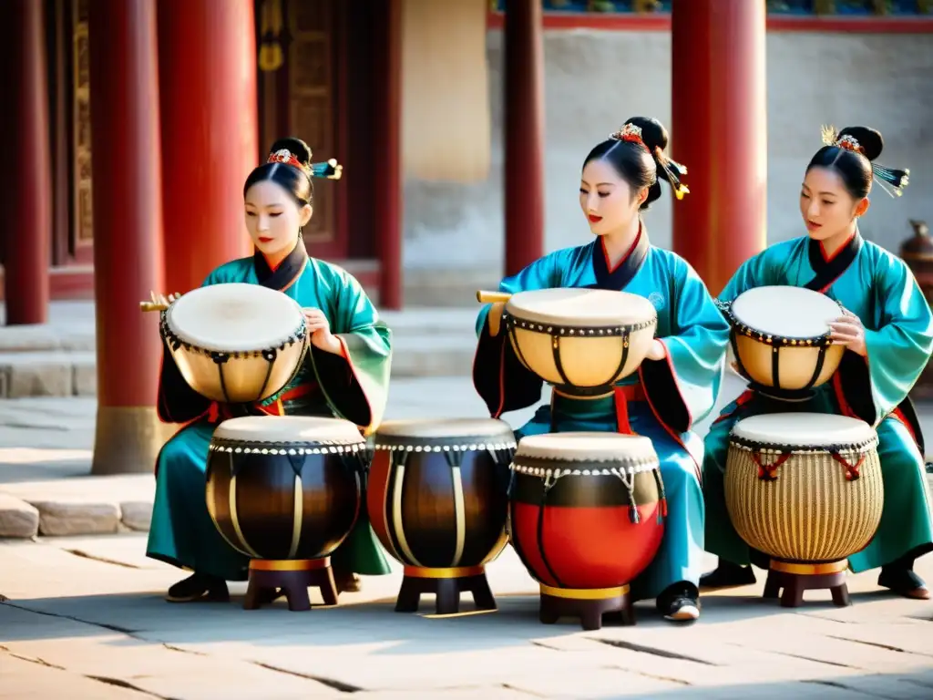 Un grupo de músicos chinos tradicionales realiza un ritual de tambores ceremoniales en Tanggu, China, con detalles ornamentales y colores vibrantes