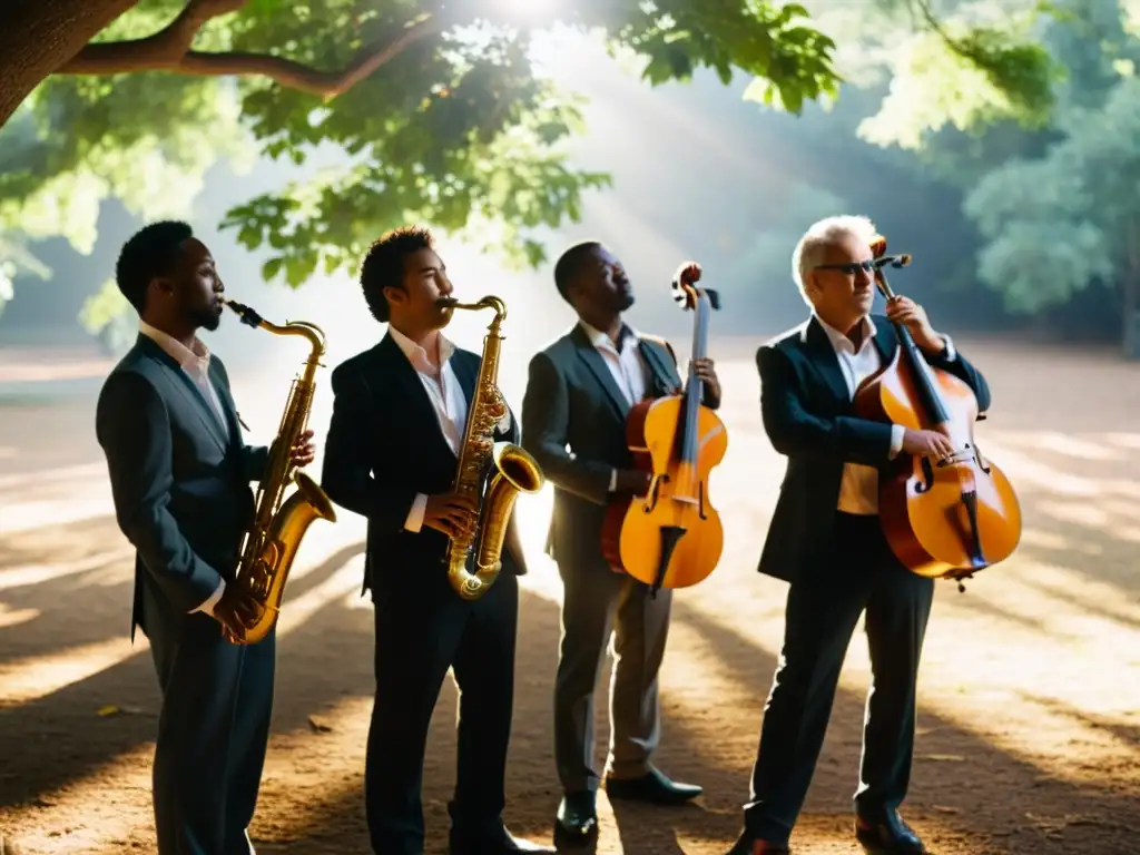 Un grupo de músicos en un círculo, tocando en perfecta sincronización bajo la luz del sol en un parque vibrante