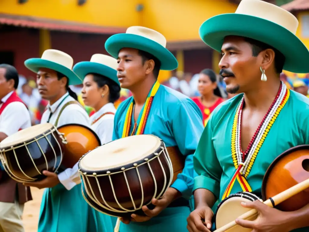 Grupo de músicos del Pacífico Colombiano tocando instrumentos tradicionales Chirimía en un festival cultural vibrante