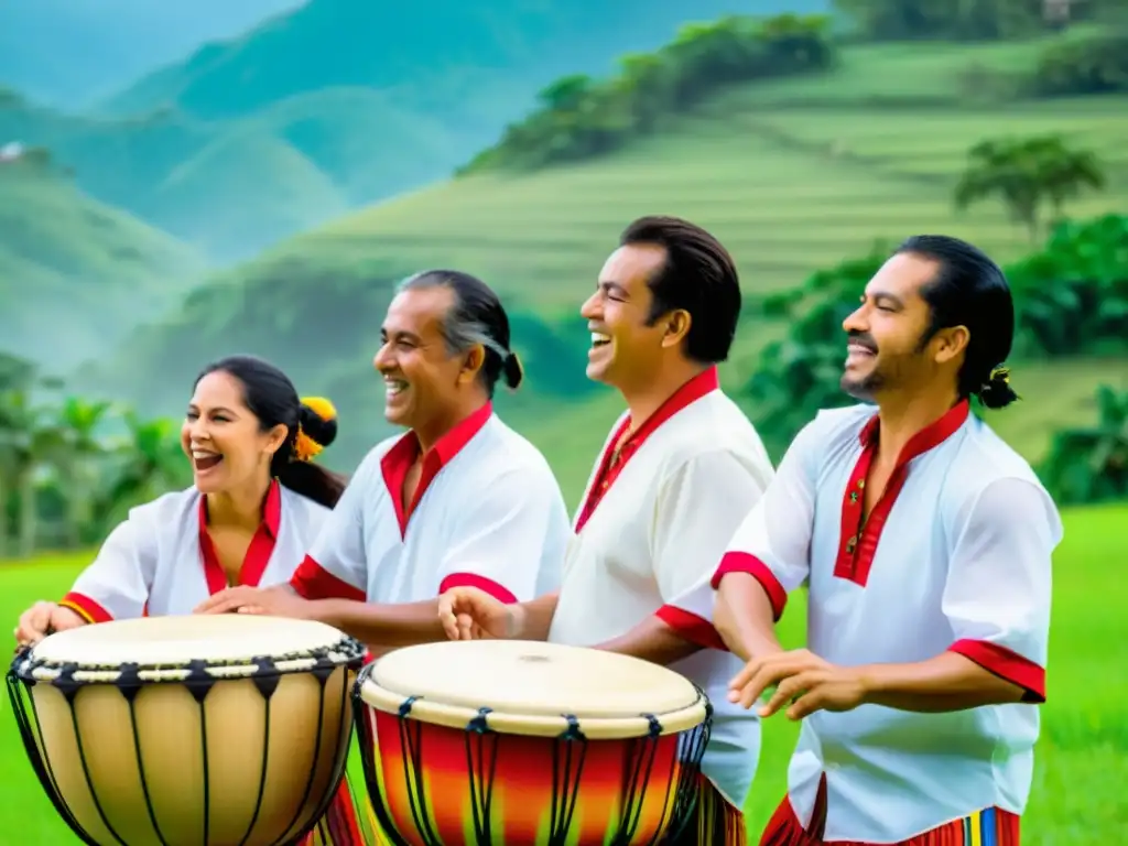 Un grupo de músicos colombianos toca el Tambor Alegre en un entorno vibrante, destacando la relevancia cultural del instrumento