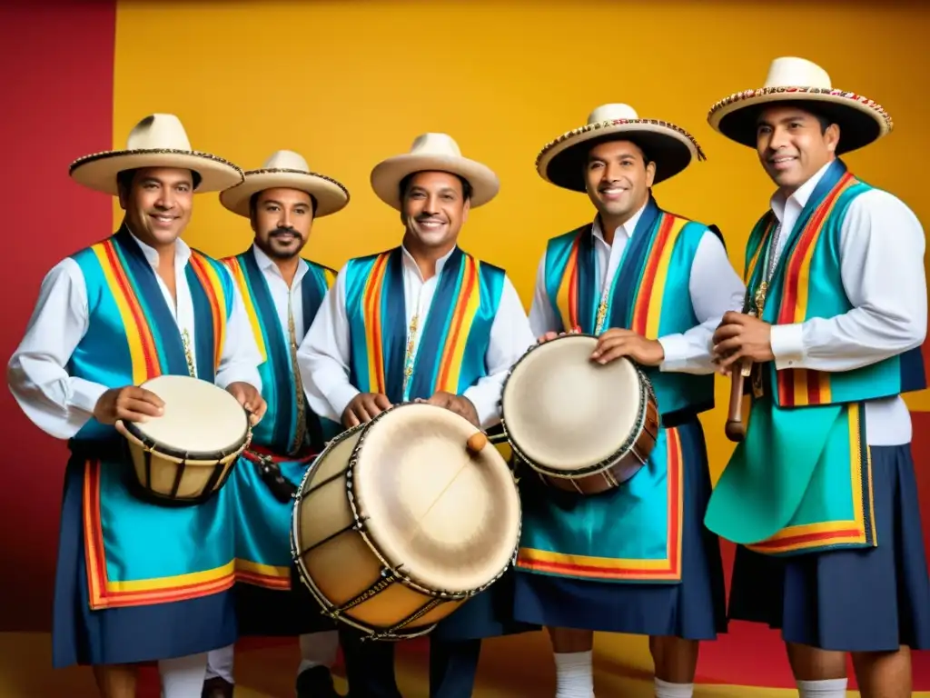 Grupo de músicos colombianos tocando el Tambor Alegre en un evento cultural, destacando la relevancia cultural del Tambor Alegre colombiano con colores vibrantes y detalles intrincados en su vestimenta y instrumentos musicales