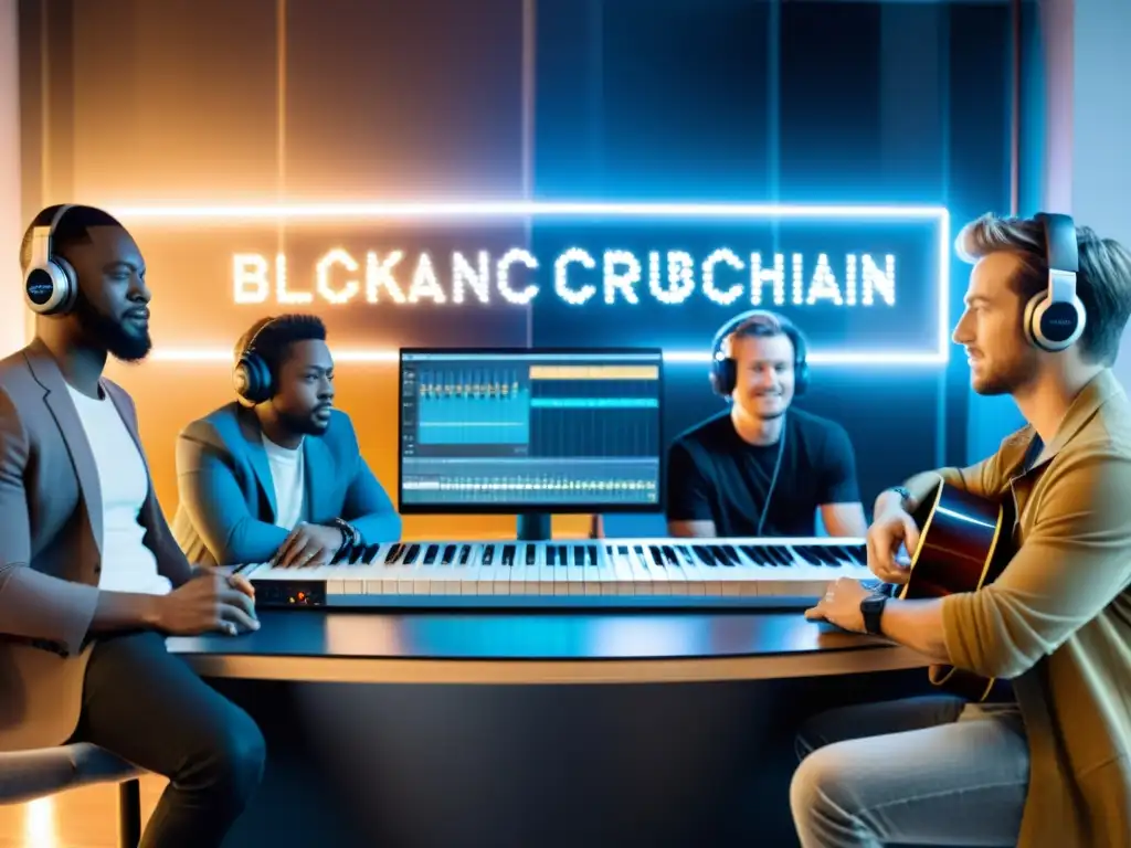 Un grupo de músicos y compositores colaborando en un estudio de grabación, con una superposición de tecnología blockchain