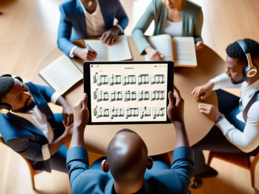 Grupo de músicos concentrados en un entrenamiento auditivo para músicos en una cálida atmósfera documental