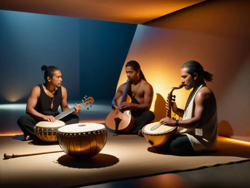 Un grupo de músicos contemporáneos tocan instrumentos musicales ancestrales en un estudio tenue, fusionando tradición y modernidad