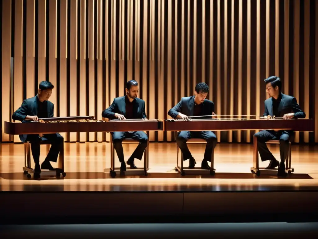 Un grupo de músicos contemporáneos toca apasionadamente la marimba en un escenario moderno, con iluminación dramática y expresiones llenas de emoción