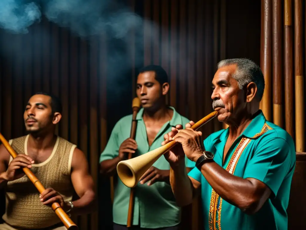 Grupo de músicos cubanos tocando claves en ambiente auténtico y atmosférico