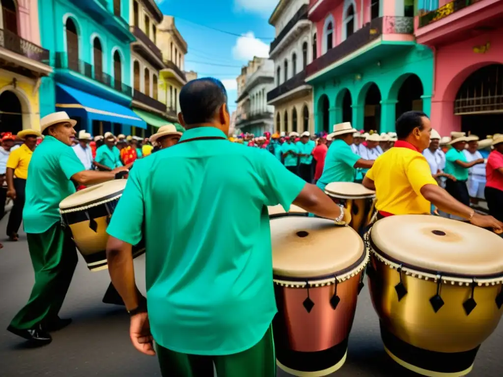 Grupo de músicos cubanos tradicionales tocando timbales en un vibrante desfile callejero