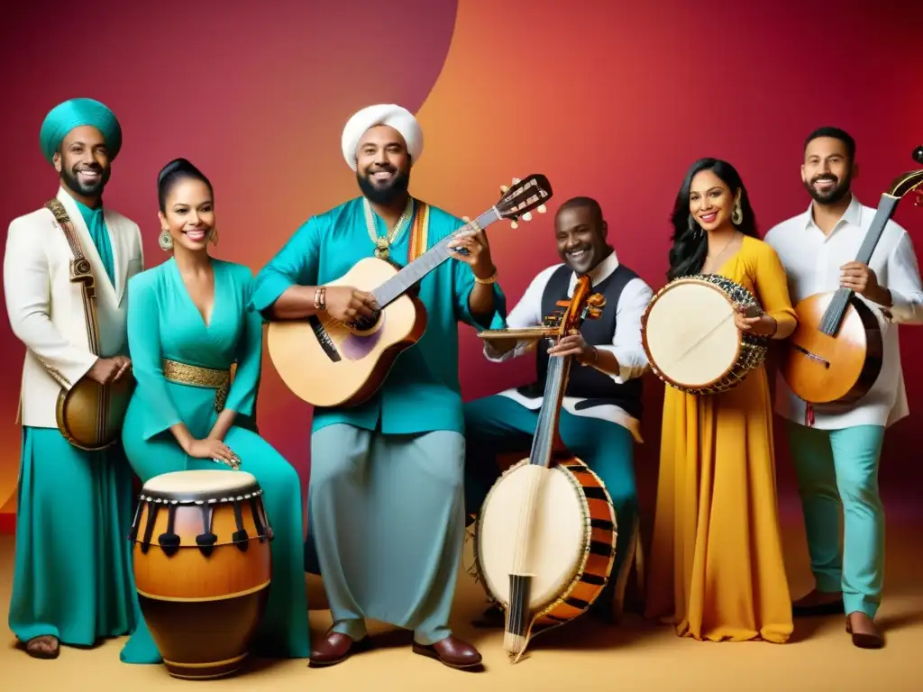 Grupo de músicos de diversas culturas tocando instrumentos tradicionales, unidos por la fusión musical como puente cultural