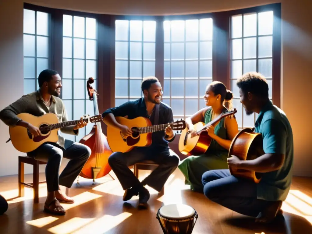 Grupo de músicos de diversas culturas tocando instrumentos tradicionales en un estudio cálido