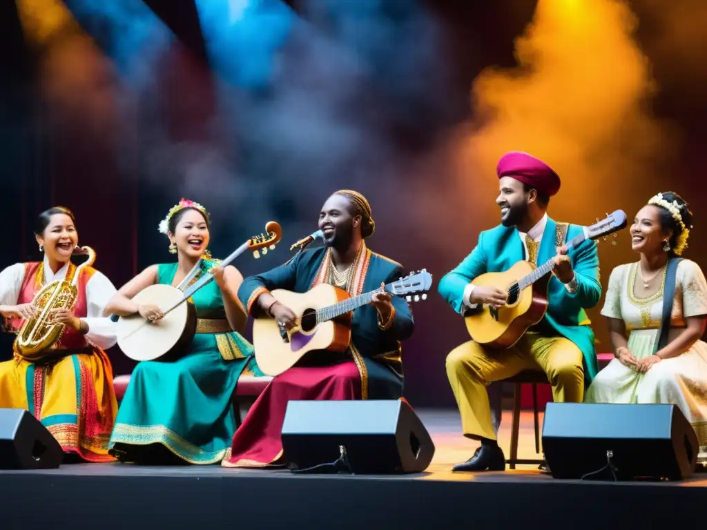 Grupo de músicos de distintas culturas tocando instrumentos tradicionales en el escenario, con trajes coloridos y expresiones vibrantes