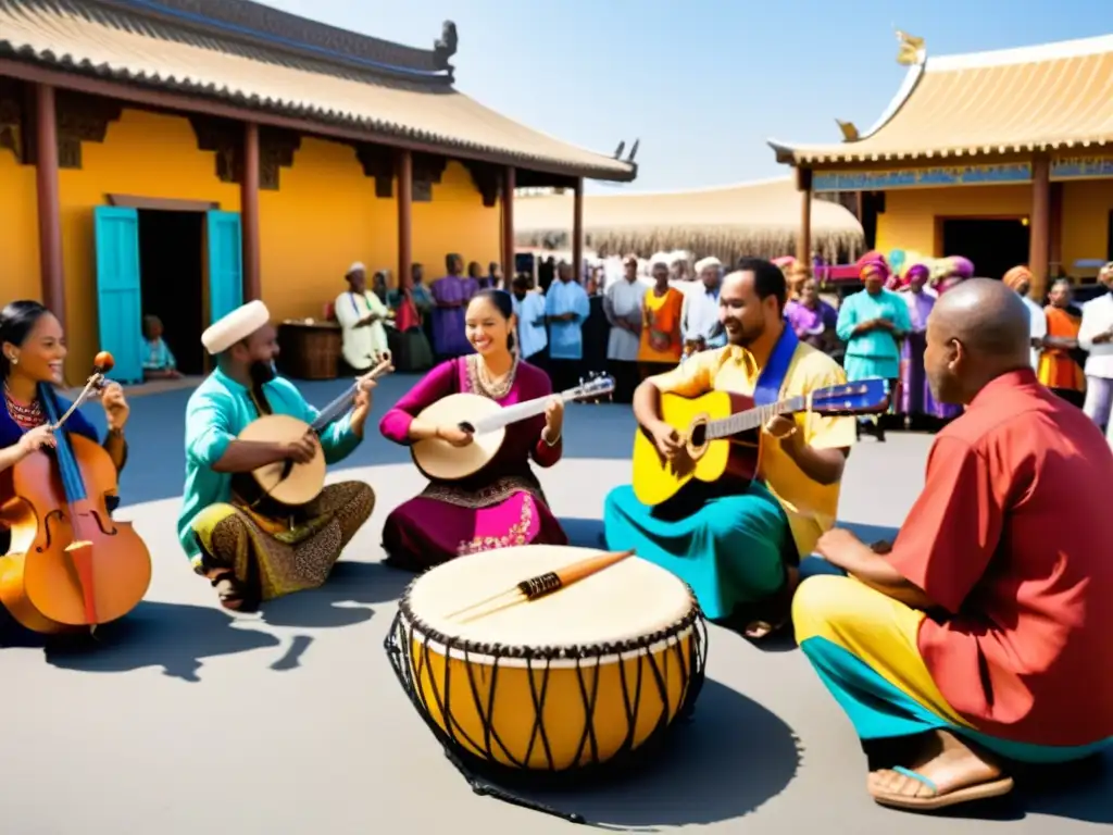 Grupo de músicos de diversas culturas tocando instrumentos tradicionales en un mercado al aire libre, con ropa vibrante y audiencia diversa