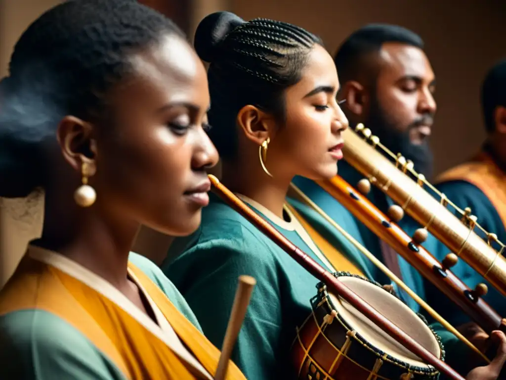 Grupo de músicos de diferentes culturas tocando instrumentos tradicionales en una atmósfera cálida y culturalmente rica