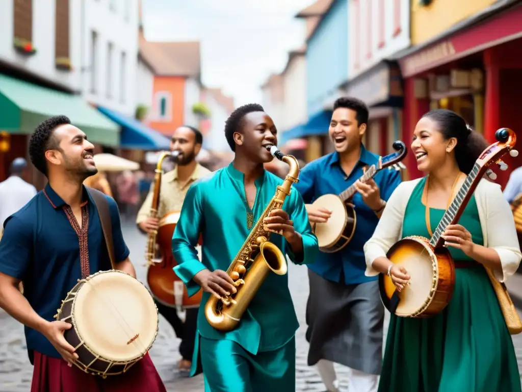 Un grupo de músicos de distintas culturas tocan instrumentos musicales transculturales en una bulliciosa calle, mostrando la conexión entre tradiciones musicales