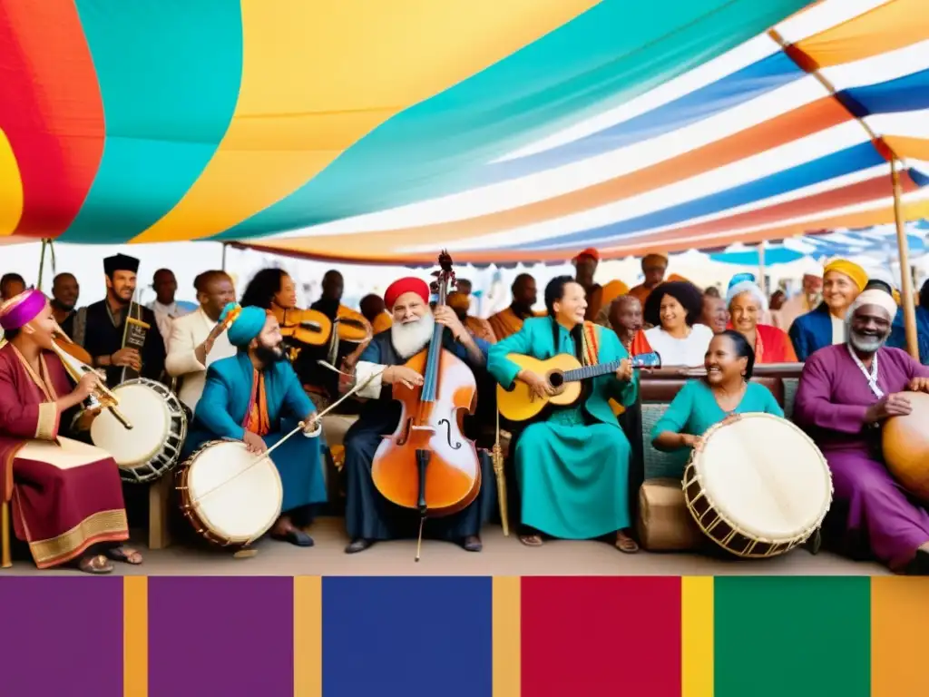 Grupo de músicos de distintas culturas tocando instrumentos musicales transculturales en un mercado animado, uniendo pasiones y culturas