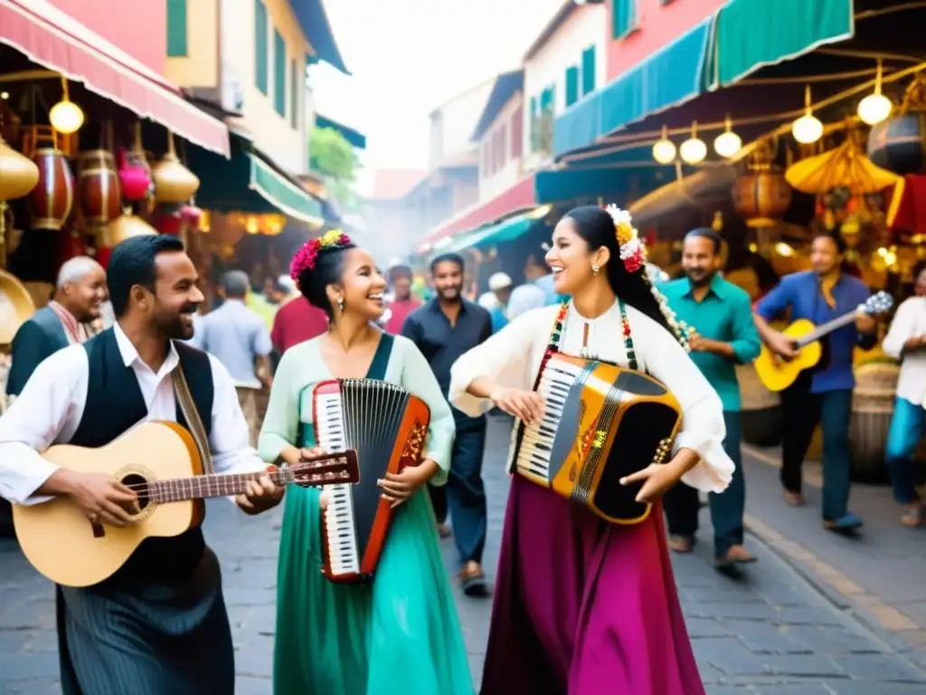 Grupo de músicos de diversas culturas tocando instrumentos tradicionales en un bullicioso mercado callejero, mostrando el impacto migratorio en la música