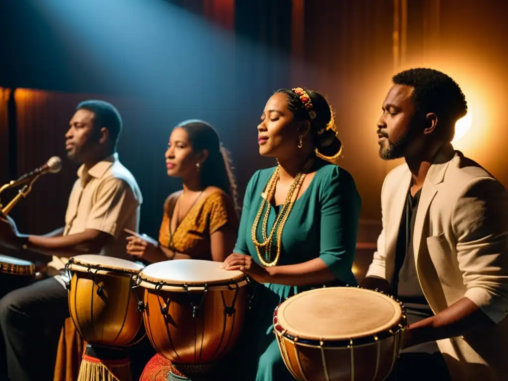 Un grupo de músicos de diversas culturas tocan instrumentos tradicionales en un ambiente íntimo y cálido, transmitiendo el impacto musical migrante con pasión y emoción