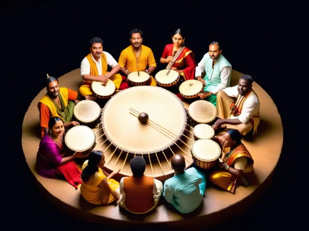 Un grupo de músicos de diferentes culturas tocando instrumentos tradicionales con intensa concentración