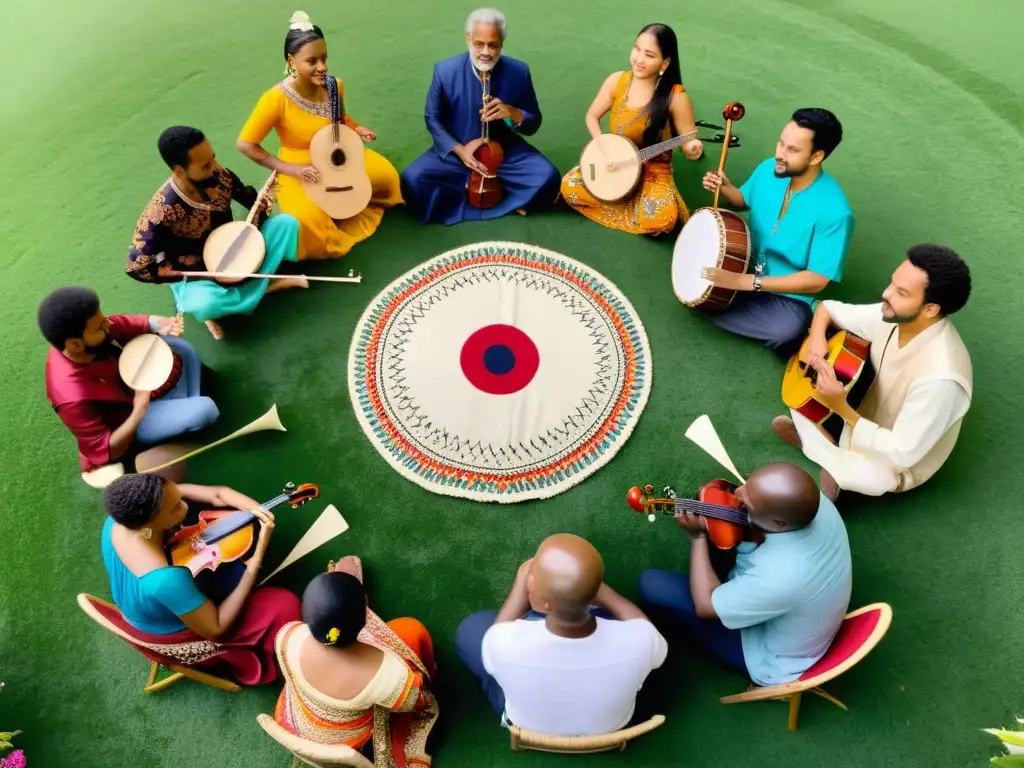 Un grupo de músicos de diversas culturas tocando instrumentos tradicionales en un entorno vibrante y diverso