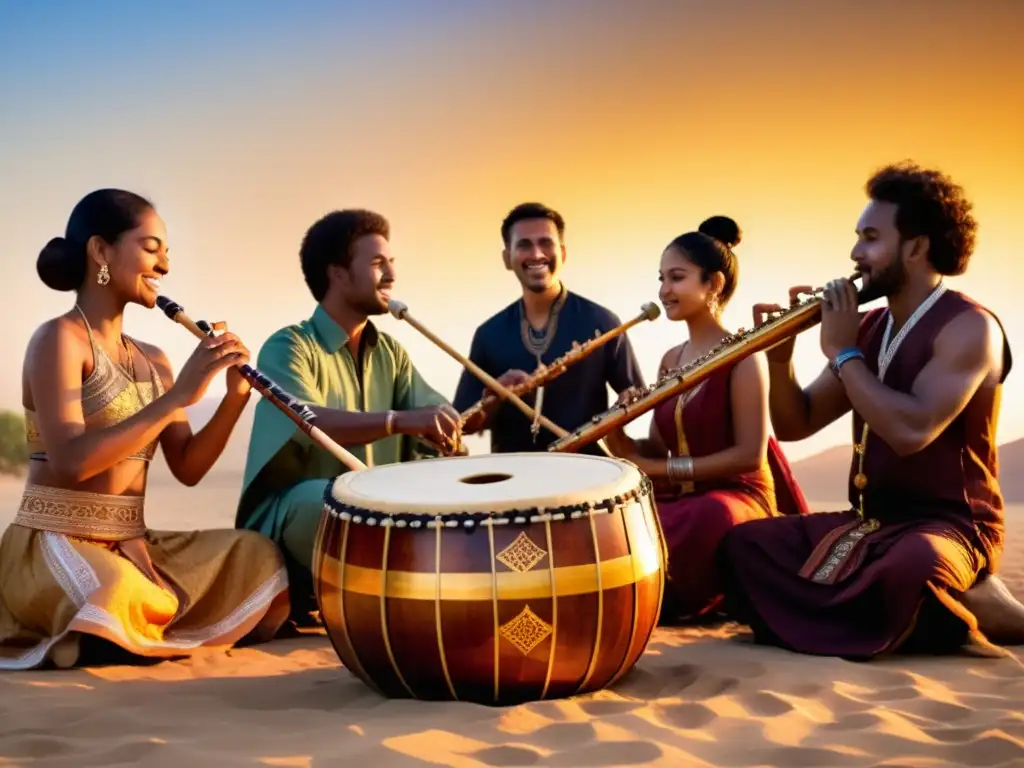 Un grupo de músicos de diferentes culturas tocando instrumentos tradicionales al atardecer, simbolizando la unión de culturas a través de la música