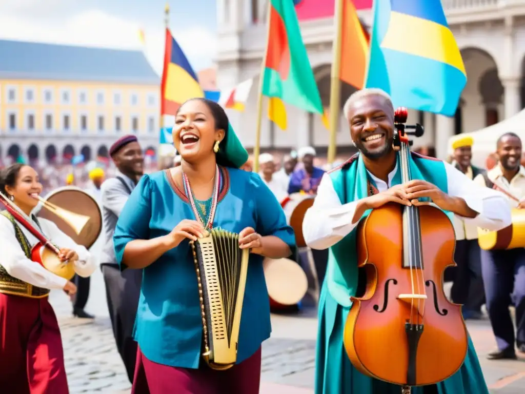 Un grupo de músicos de diversas culturas tocan instrumentos tradicionales en una plaza bulliciosa