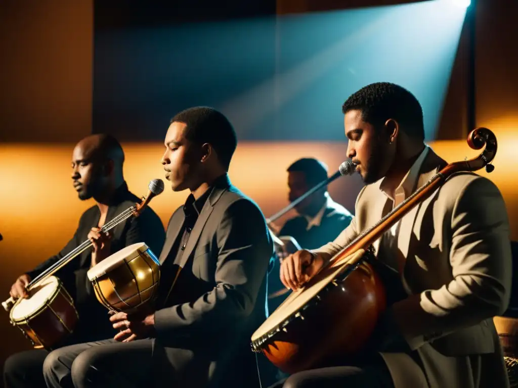 Un grupo de músicos de diversas culturas tocan instrumentos tradicionales en un ambiente íntimo y tenue