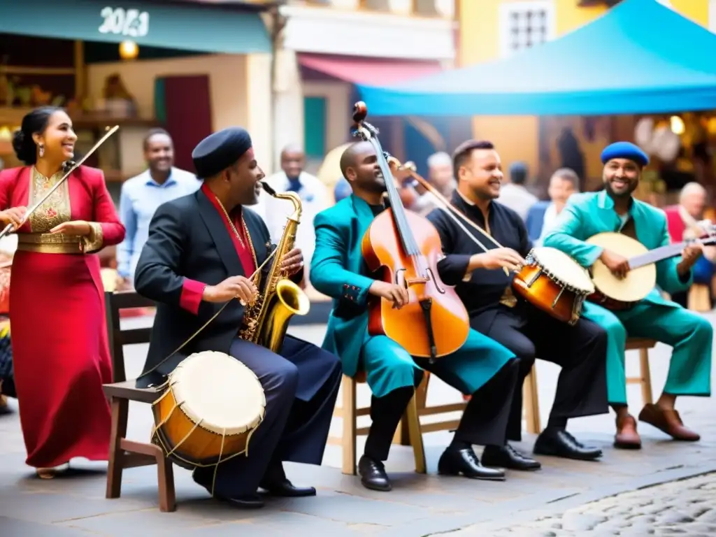 Un grupo de músicos de diversas culturas interpretando instrumentos tradicionales en una animada plaza de mercado, rodeados de coloridos puestos y espectadores entusiastas