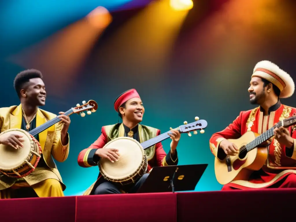 Un grupo de músicos de diferentes culturas tocando instrumentos tradicionales en un escenario, mostrando la diversidad e impacto global de la música