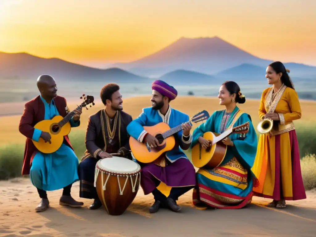 Concierto multicultural al atardecer: músicos y tradiciones Grupo de músicos de diferentes culturas tocando instrumentos tradicionales bajo el cielo abierto al atardecer, simbolizando la influencia de la migración en la evolución de los instrumentos musicales