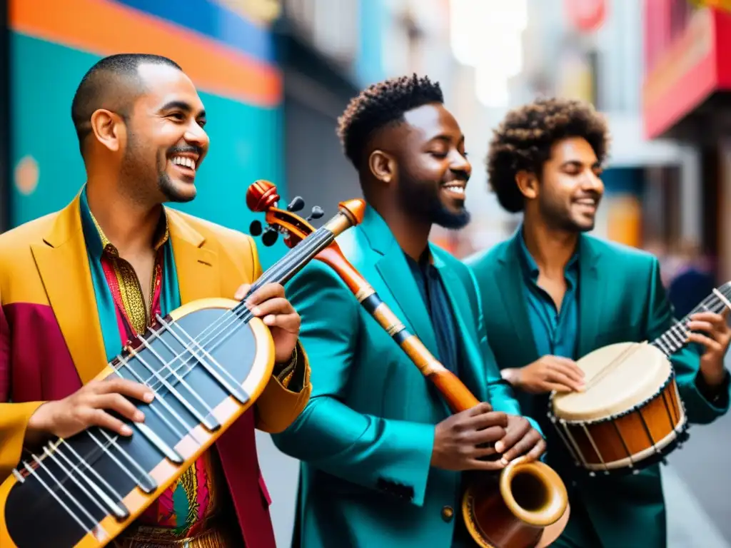 Grupo de músicos de diferentes culturas tocando instrumentos tradicionales en la calle, mostrando la fusión musical como puente cultural