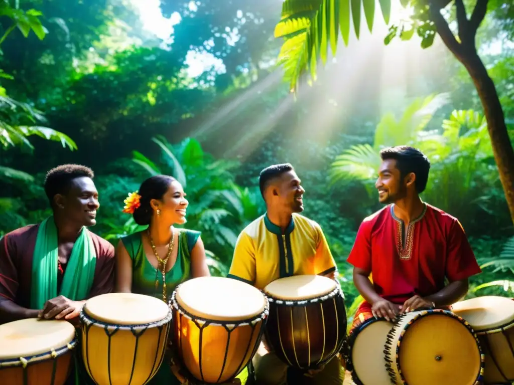 Un grupo de músicos de diversas culturas toca instrumentos tradicionales en un bosque exuberante