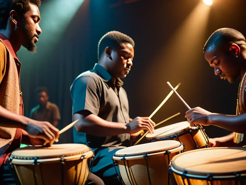 Grupo de músicos de diversas culturas tocando juntos en un ambiente íntimo y cálido, reflejando la experiencia migratoria a través de la música