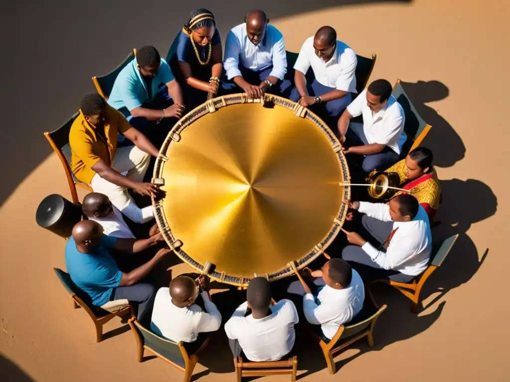 Un grupo de músicos de diversas culturas tocan juntos en círculo, reflejando en su música la rica experiencia migratoria