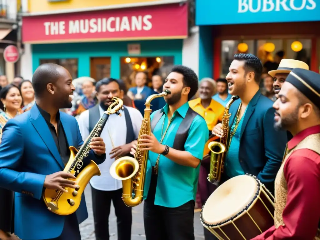 Un grupo de músicos de diferentes culturas tocan juntos en una calle vibrante, con espectadores de diversas edades y etnias