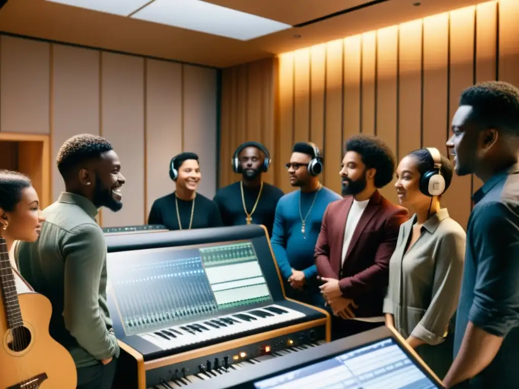 Un grupo de músicos de diversas culturas crea música en un estudio, mezclando instrumentos tradicionales con samples digitales