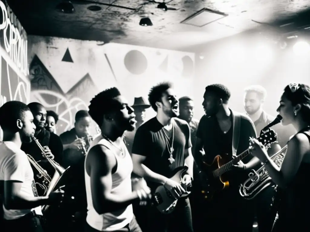 Grupo de músicos desafiantes tocando en un club underground, rodeados de graffiti, en una atmósfera de rebelión y determinación, mostrando impacto cultural con instrumentos musicales prohibidos