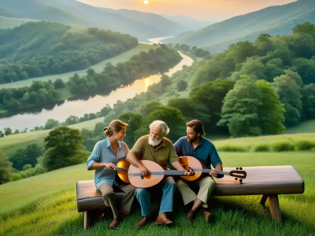 Un grupo de músicos toca el dulcémele en los Apalaches al atardecer, rodeados de naturaleza exuberante