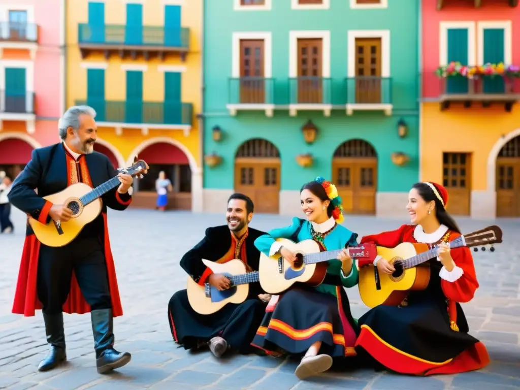 Músicos apasionados tocando dulzainas en la plaza Grupo de músicos tocando dulzainas en una animada plaza, con edificios coloridos de fondo