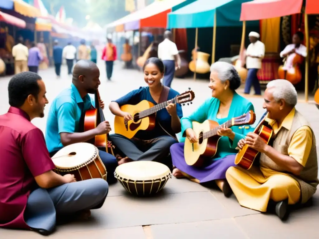 Grupo de músicos de diversas edades y culturas tocando instrumentos tradicionales y modernos en un mercado vibrante