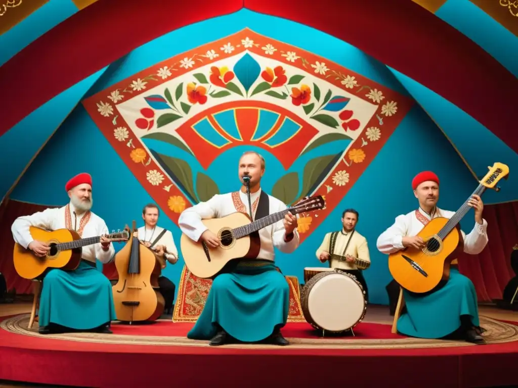 Un grupo de músicos en escena interpretando música folclórica rusa con pasión y destreza, destacando el intérprete de balalaika en traje tradicional